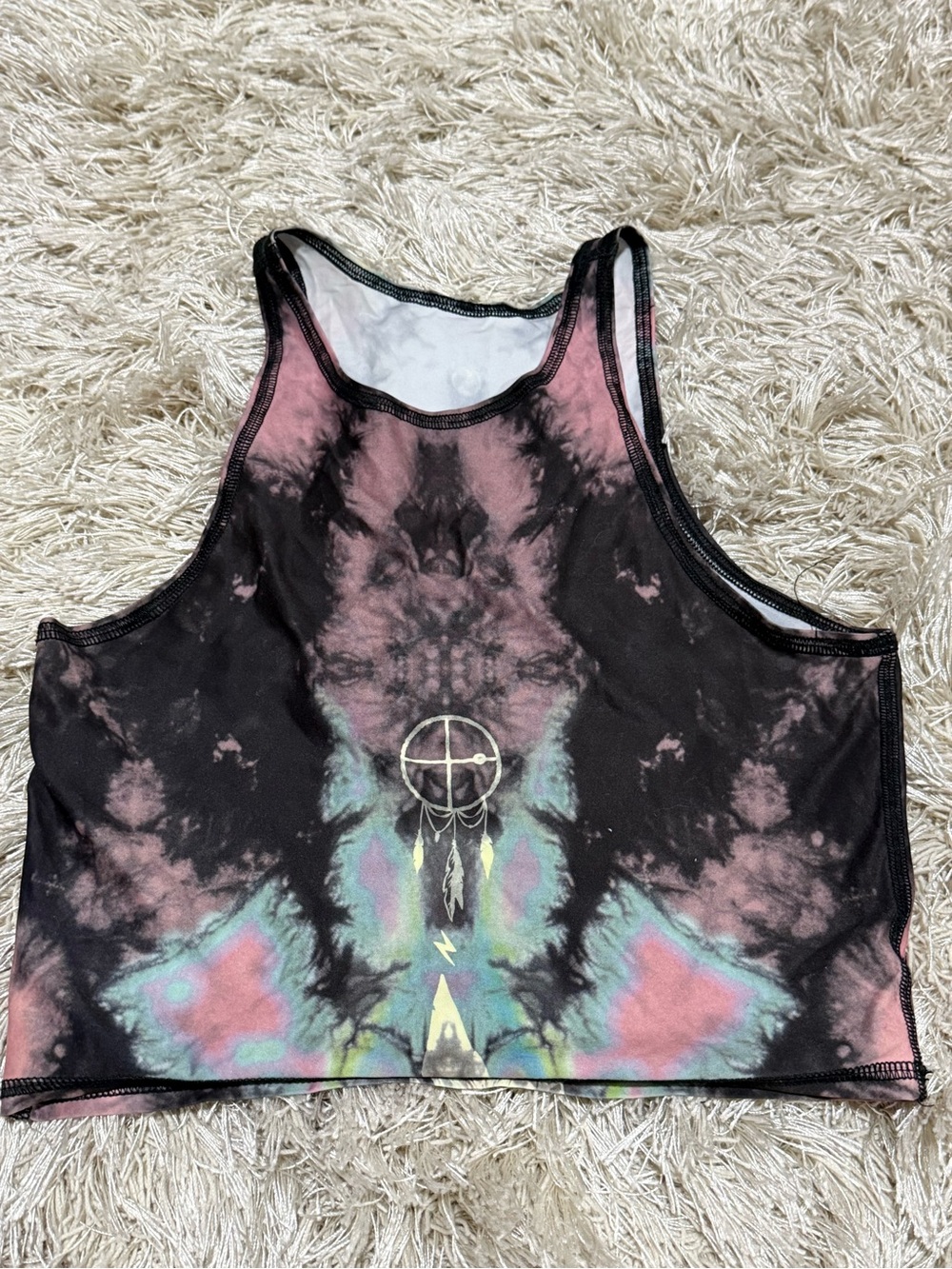 Teeki Tie Dye Crop Top Feather Graphic Yoga Tank Top XS/S - Picture 2 of 8